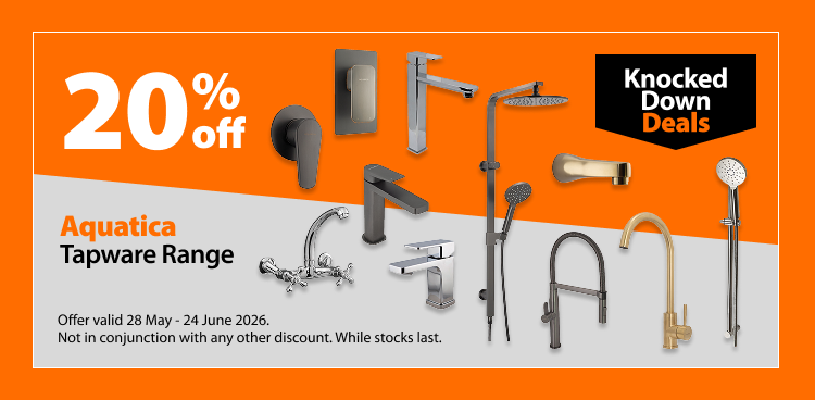 Aquatica Tapware Range, 20% off. Knocked Down Deals offer valid 28 May - 24 June 2026. Not in conjunction with any other discount. While stocks last.